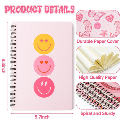 L1rabe 4 A5 Preppy Spiral Notebooks Back to School Y2K Notepads Travel Journal for Kids Teens Cute Pink Smile Hardbound College Ruled Exercise Book for Girl School Office Supplies Holiaday Gift