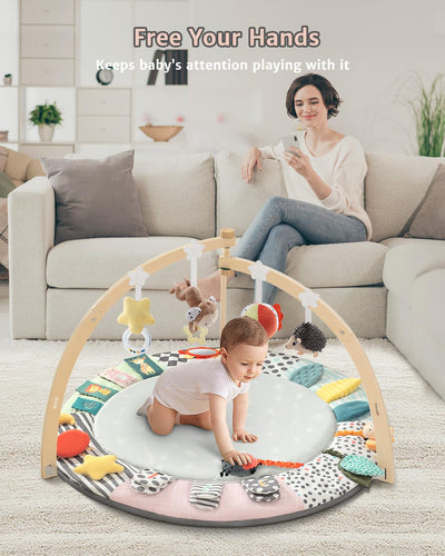 Suihuooo Baby Play Mat Activity Gym,6 Developmental Zones Tummy Time Mat, Foldable Wooden Baby Play Gym with 7 Detachable Sensory Toys for Newborn Brain Development, Essential Baby Shower Set