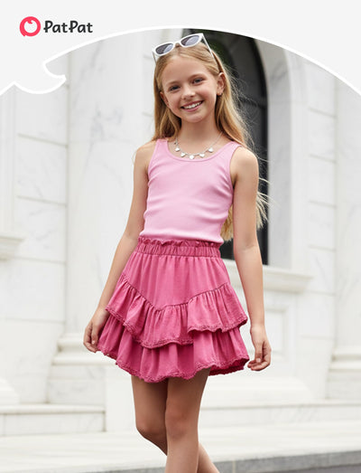 PATPAT Girls Skirt Sets Size 9-10, Hot Pink Crop Tank Tops + Pleated Skirts with Built in Shorts 2 Piece Outfits, Tween Girls Trendy Clothes Western Outfits Streetwear