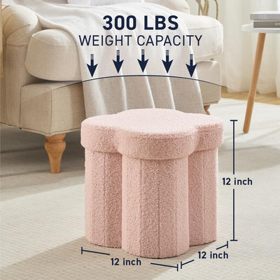 Ornavo Home Pink Boucle Storage Ottoman Cube – Flower-Shaped Footstool with Hidden Storage, Faux Teddy Fur Foot Rest for Living Room, Bedroom & Dorm, 12" Inch