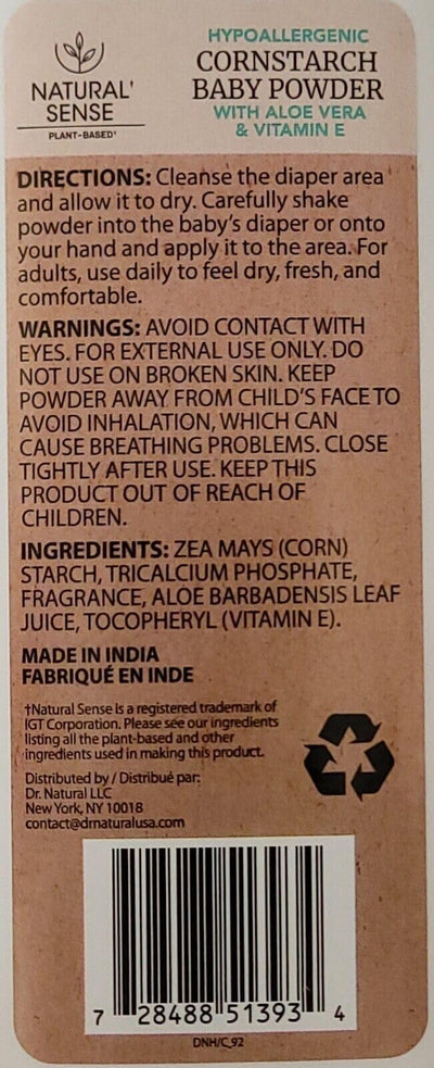 Generic Natural Sense Hypoallergenic Cornstarch Baby Powder with Aloe Vera & Vitamin E, 9oz (255g)