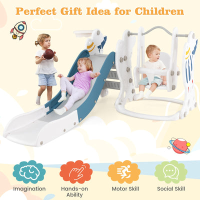 HONEY JOY 4 in 1 Toddler Slide and Swing Set, Indoor Outdoor Rocket Playset Gym with Baby Swing, Basketball Hoop, Ball, Kids Climber Play Set for Boys Girls Age 1+, Playground Backyard Gifts (Blue)