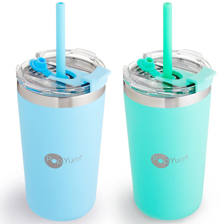 Two turquoise and light blue tumblers with straws on a white background