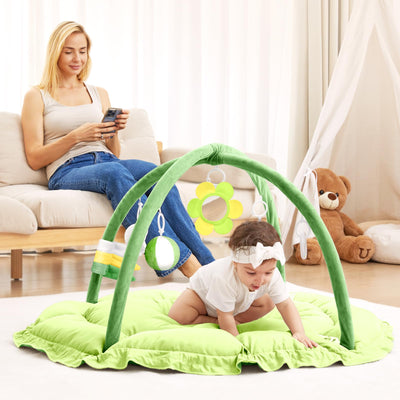 ANGELBLISS 5 in 1 Baby Play Gym Mat, Reversible Tummy Time Mat with 5 Sensory Toys for Stage-Based Developmental, Thick & Large Baby Activity Center from Newborn to Toddler (Green)