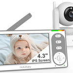 Baby monitor with 4.3" IPS screen displaying a baby, and camera on a white background.