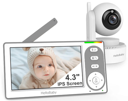 Baby monitor with 4.3" IPS screen displaying a baby, and camera on a white background.