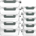 Set of clear glass food storage containers with gray lids.