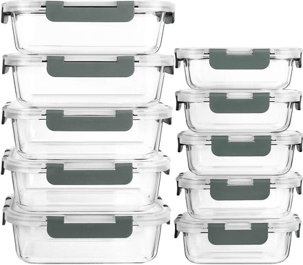 Set of clear glass food storage containers with gray lids.