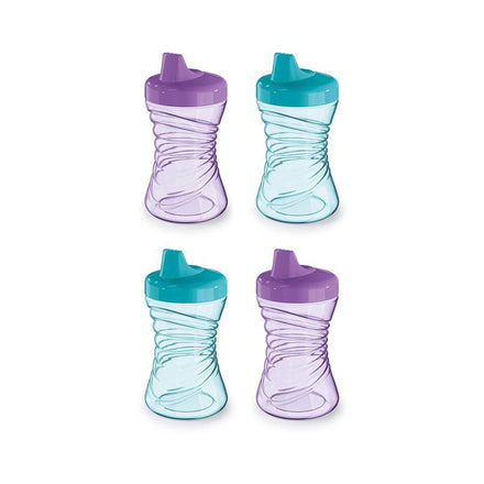 Four colorful sippy cups on a white background