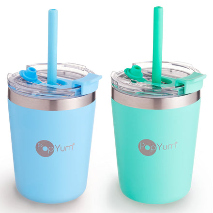 Two turquoise tumblers with straws and lids on a white background, featuring the PopYum brand.