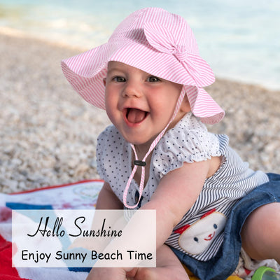 Baby Girl Sun Hat with UPF 50+ Outdoor Adjustable Beach Hat with Wide Brim Bucket Hats (12-24 Months, Pink-Stripe Printing)