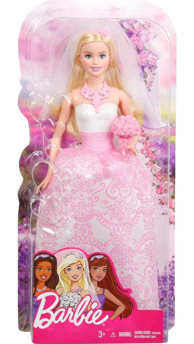 Barbie Bridal Fashion Doll Clothes & Accessories Set, Blonde Bride in Fantasy-Inspired White & Pink Wedding Dress with Ring, Veil & Bouquet