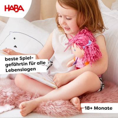 HABA Lilli-Lou 12" Soft Doll with Pink Hair in Pigtails, Blue Eyes & Embroidered Face, Machine Washable Baby Doll for Ages 18 Months+