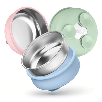 HaWare Baby Bowls with Suction, Stainless Steel Toddler Bowl with Removable Silicone Sleeve, Non-Slip Child Food Bowl with Silicone Suction, Unbreakable Kids Bowls for Feeding, Blue+Green+Pink, 3 Pack