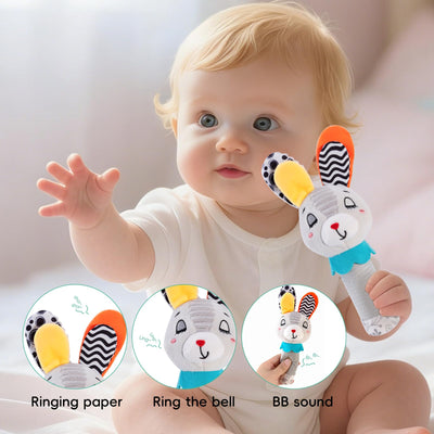 JINBOBUBU Baby Rattle for Newborns 0-6 Months - Soft Plush Handheld Sensory Toy with Crinkle Sound, Cute Bunny Shaped Grasping Rattle for Infants, Motor Skill Development, Baby Gift (Grey)