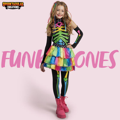 Spooktacular Creations Halloween Kids Skeleton Costume, Funky Punky Bone Colorful Skeleton Deluxe Costume, Halloween Girls Outfit Set with Hair Extensions