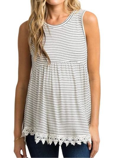 Xpenyo Womens Maternity Tank Top Sleeveless Lace Crochet Trim Peplum Cami Shirts White Pinstripe 2XL