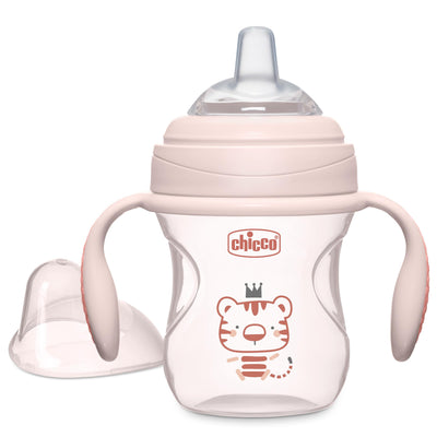 Baby bottle with handles and a tiger design on a white background