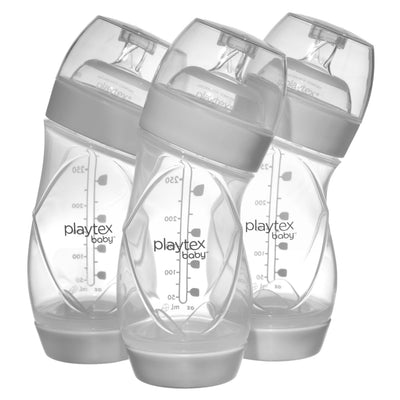 Three Playtex baby bottles with gray caps on a white background