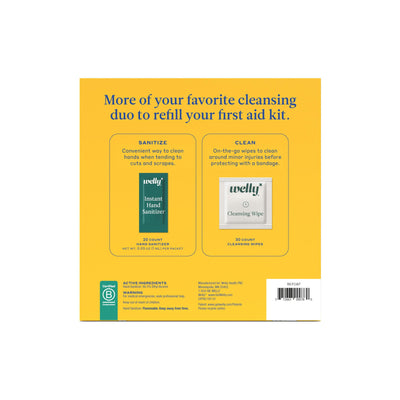 Welly First Aid Kit Refill Clean Carton | Individually Wrapped Hand Sanitizer and Cleansing Wipes | 50ct