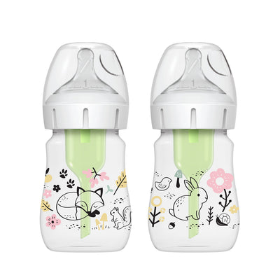 Two baby bottles with animal-themed designs on a white background