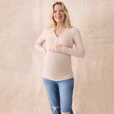 Motherhood Maternity Women's Long Sleeve V-Neck Side Ruched Henley Pregnancy Tee Shirt, Moonlight, Large