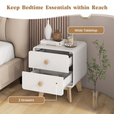 Giantex Night Stand with 2 Drawers, Mid Century Modern Bedside Table with Cute Round Knobs, Wooden Side End Table with Solid Rubber Wood Legs, Small Nightstand for Kids Bedroom Dorms, White