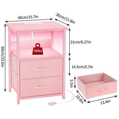 Fixwal Night Stand with Charging Station, LED Nightstand with U-S-B Ports and Outlets, 2 Fabric Storage Drawers with PU Finish, Small Bedside Table, Pink