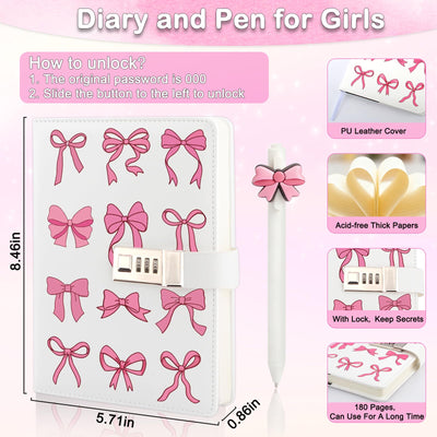 Diary with Lock for Girls Ages 8-12, Pink Bow Journal with Lock for Teen Girls, Birthday Gifts for Girls Diary for Kids with Pen, Coquette Preppy Secret Diary Notebook for Girls Women, Gift for 7 8 9 10 11 12 13 14 15 Year Old Girl
