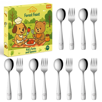 DEHOV Toddler Eating Utensils Set,Set Of 12 Food Grade Stainless Steel Silverware Sets For Kids,Dishwasher Safe Children Small Metal Spoons And Forks Flatware Sets