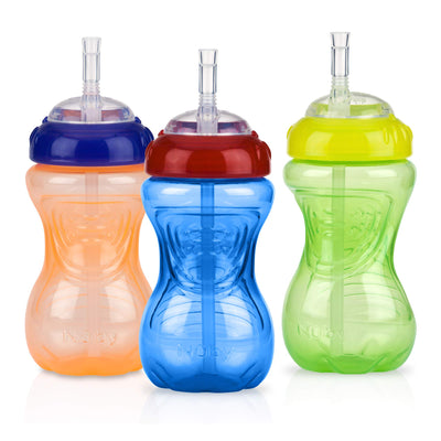 Three colorful sippy cups with straws on a white background
