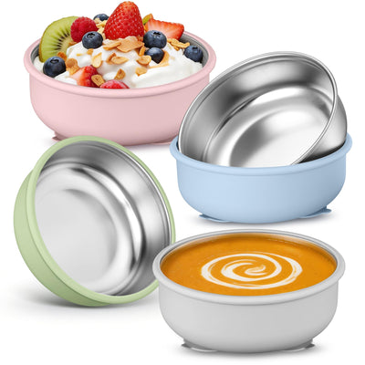 E-far Stainless Steel Baby Bowls with Suction, 4 Pack Removable Colorful Silicone Sleeve Toddlers Kids Bowl, Non-Toxic Snack Container for Baby Food Feeding, Non-Slip & Unbreakable, Dishwasher Safe