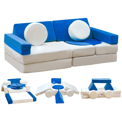 Stmoze 13PCS Modular Kids Play Couch, Kids Couch with Washable Velvet Cover, 5 Seconds Instant Expansion,Convertible Foam and Floor Cushion for Nursery Playroom, Blue & Beige