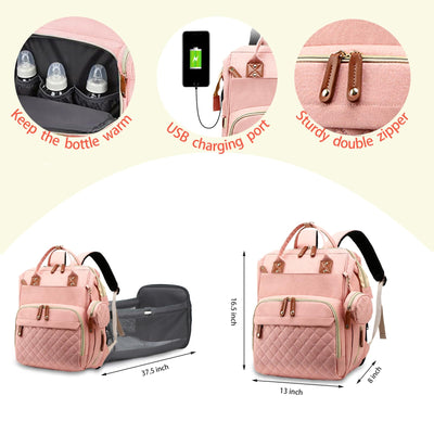 Diaper Bag with Changing Station, Waterproof 3 in 1 Baby Diaper Backpack with Foldable Changing Pad, Large Travel Back Pack for Baby Girl Boy, Peach Pink