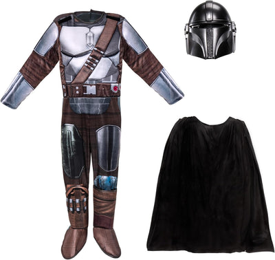 STAR WARS The Mandalorian Official Youth Halloween Costume - Padded Jumpsuit with Gloves, Detachable Cape, Plastic Mask