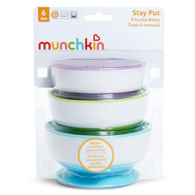 Munchkin Stay Put Suction Bowls for Baby and Toddler, 3 Pack, Blue/Green/Purple