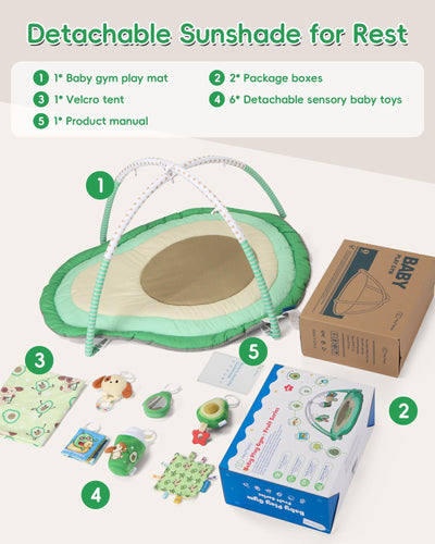 Tummy Time Mat, 9-in-1 Avocado Baby Play Gym Mat, Oversize Baby Play Activity Mats with Sunshade & 6 Detachable Sensory Toys, Washable Non-Slip Mat for Newborn Infant Baby Essentials Gift