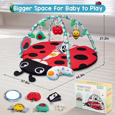 Jyusmile Baby Play Gym Mat, 8-in-1 Tummy Time Mat with 6 Toys, Washable Baby Activity Mat for Visual, Hearing, Sensory, Motor Development, Baby Essentials Gift for Newborn Infant 0-3-6-9-12 Months