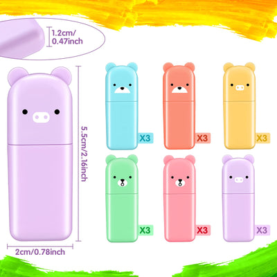 Ireer 18 Pcs Cute Highlighter Pens Assorted for School Kid 6 Macaron Colors Chisel Tip Kawaii Marker Pens Mini Cartoon Aesthetic Markers Highlighters for Writing Graffiti Drawing Office(Bear)