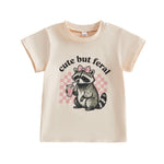 Toddler Baby Girl T-Shirt Summer Tops Letter Graphic Print Short Sleeve Crew Neck Tee Kids Cute Clothes (Raccoon Apricot, 12-18 Months)