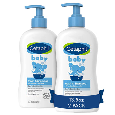 Two bottles of Cetaphil Baby Wash & Shampoo on a white background