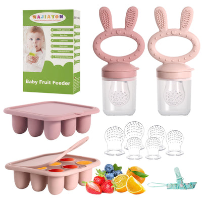 Baby fruit feeder set with packaging, pink silicone teething toys, ice cube tray, and fruits on a white background.