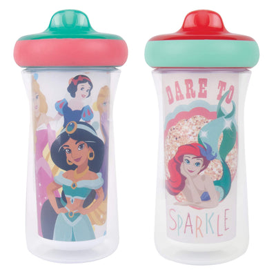 Two children's sippy cups with princess-themed designs on a white background