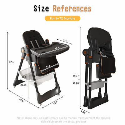 Baby High Chair, 3-in-1 Foldable High Chairs for Babies and Toddlers with Footrest Adjustment, 5 Height & 3 Recline & 4 Dining Tray Adjustable, 5 Point Harness, Lockable Wheels, Black