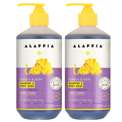 Two bottles of Alaffia Babies & Kids Shampoo & Body Wash on a white background