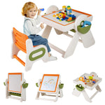 Costzon 6-in-1 Kids Table and Chair, Folding Height-Adjustable Art Easel w/Reversible Building Block Tabletop & Whiteboard, Bookshelf and Storage Baskets, Sand Water Play Table for 18+ Months (Orange)