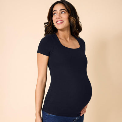 Motherhood Maternity Women’s Square Neck Rib Knit Short Sleeve Pregnancy Top, Black, X-Large