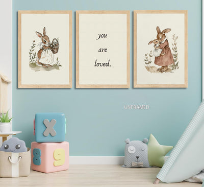 3 Pcs Bunny Nursery Canvas Wall Art Retro Cute Bunny Painting Picture Wall Decor Vintage Rabbit Mom and Baby Poster Print Artwork for Girls Room Bedroom living room Home Decoration