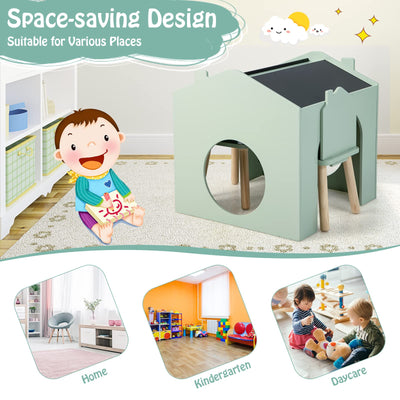 Costzon Kids Table and Chairs, 3 Pieces Wooden Art Table Set w/Chalkboards for Children Activity, Crafts, Reading, Drawing, Space-Saving Design, House-Shaped Toddler Table and Chair Set (Green)