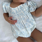 MERSARIPHY Baby Summer Clothes Newborn Infant Girl Smocked Pleated Romper Bubble Short Sleeve Bodysuit Outfits(Blue floral,0-3 Months)
